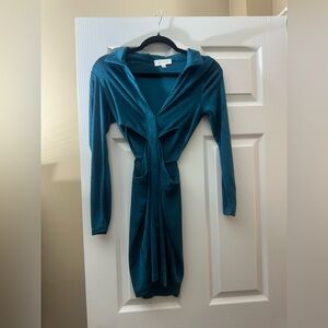 MARBLE Teal Long-Sleeve Button-Up Tie-Waist Dress